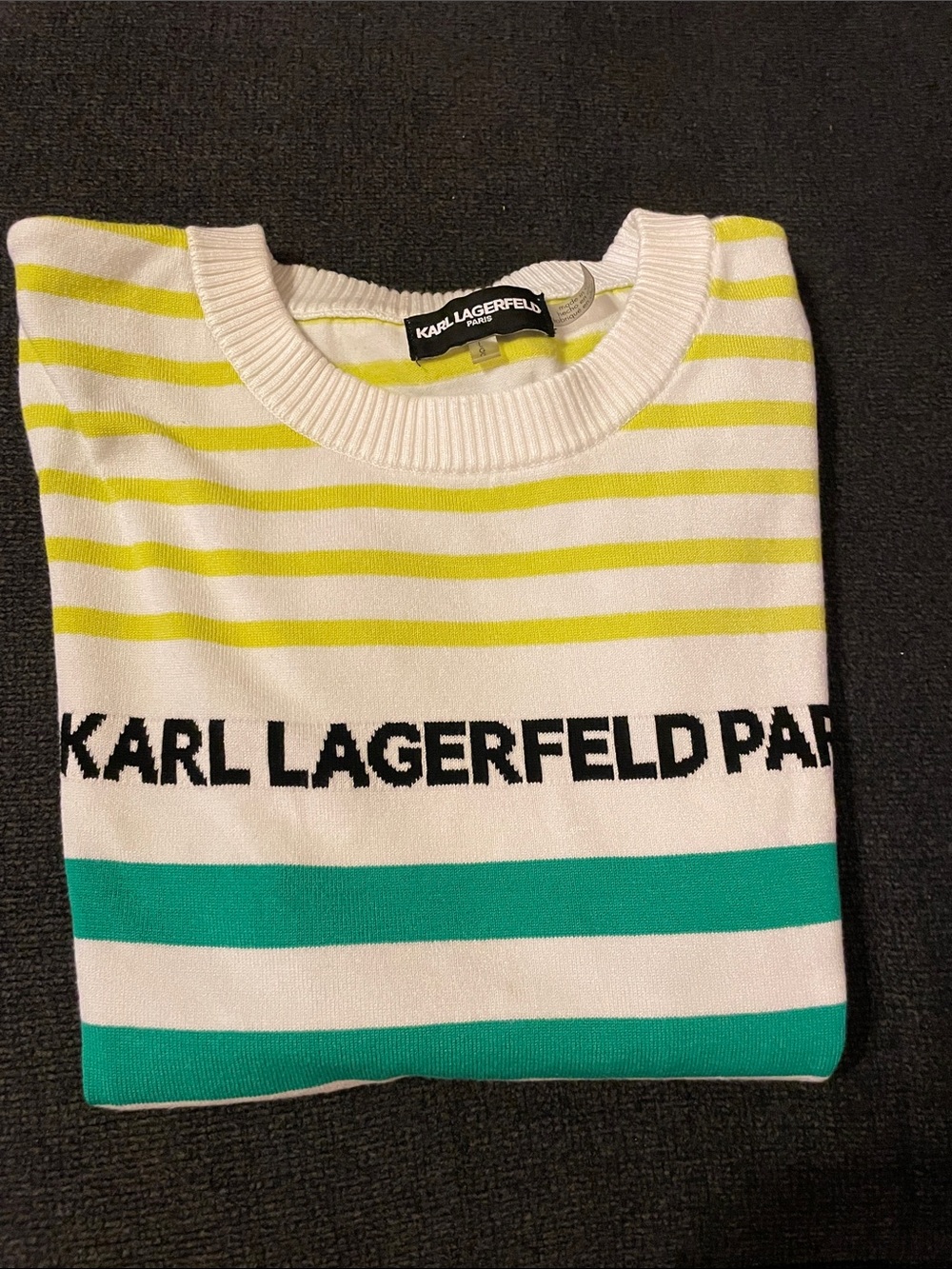 Karl Lagerfeld Kids Short-Sleeve Striped Tee in White, Teal & Black